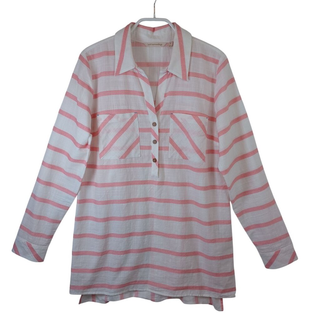 Soft Surroundings Tunic Blouse Pink White Modena Stripe Top Womens Small